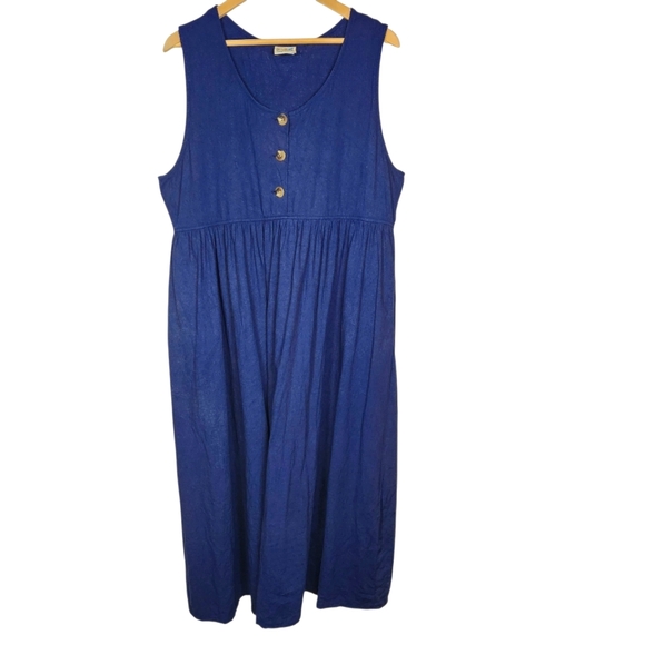 TravelSmith Dresses & Skirts - Vintage 90s Cottagecore Blue Sleeveless Dress Jumper Linen Pinafore Grandma L